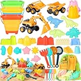 Beach Toys for Kids 35PCS Sand Toys with 3 Collapsible Bucket,3 Dump Truck,Beach Shovel,Sand Castle Building Kit,Ocean Molds,Dinosaur Sand Molds, 2 Mesh Bag,Toddler Beach Essentials for Kids 3-10