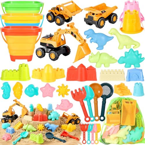 Beach Toys for Kids 35PCS Sand Toys with 3 Collapsible Bucket,3 Dump Truck,Beach Shovel,Sand Castle Building Kit,Ocean Molds,Dinosaur Sand Molds, 2 Mesh Bag,Toddler Beach Essentials for Kids 3-10