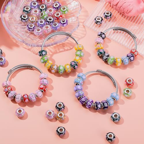 AIPRIDY 50 Pieces Girls\' Lucky Beads Lover Amber Beads, Big Hole Spacer Beads European Craft Murano Beads for DIY Charms Bracelet Jewelry Making (Rainbow)