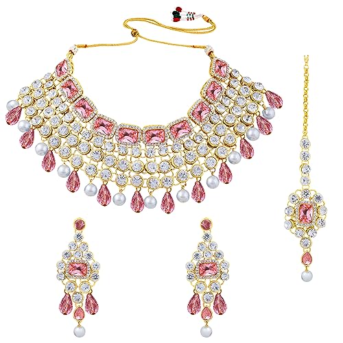 Image of Peora Crystal Choker Necklace with Maang Tikka Earrings Indian Traditional Bridal Wedding Jewellery Set for Women