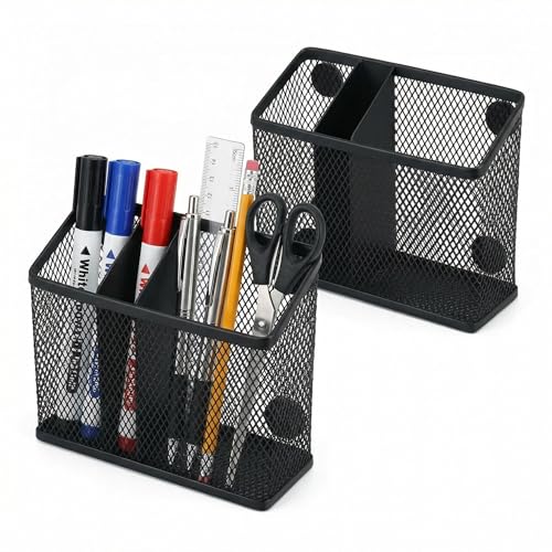 Neudeco Magnetic Pen Holder 2 Pack, 3-Compartment Metal Mesh Magnetic Organizer for Whiteboard, Refrigerator, Locker & Filing Cabinet, Dry Erase Marker Holder, Black