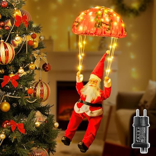Ollny Guirnalda de luces navideñas forma de paracaídas de Papá Noel, 120 LED, 8 modos, temporizador, blanco cálido