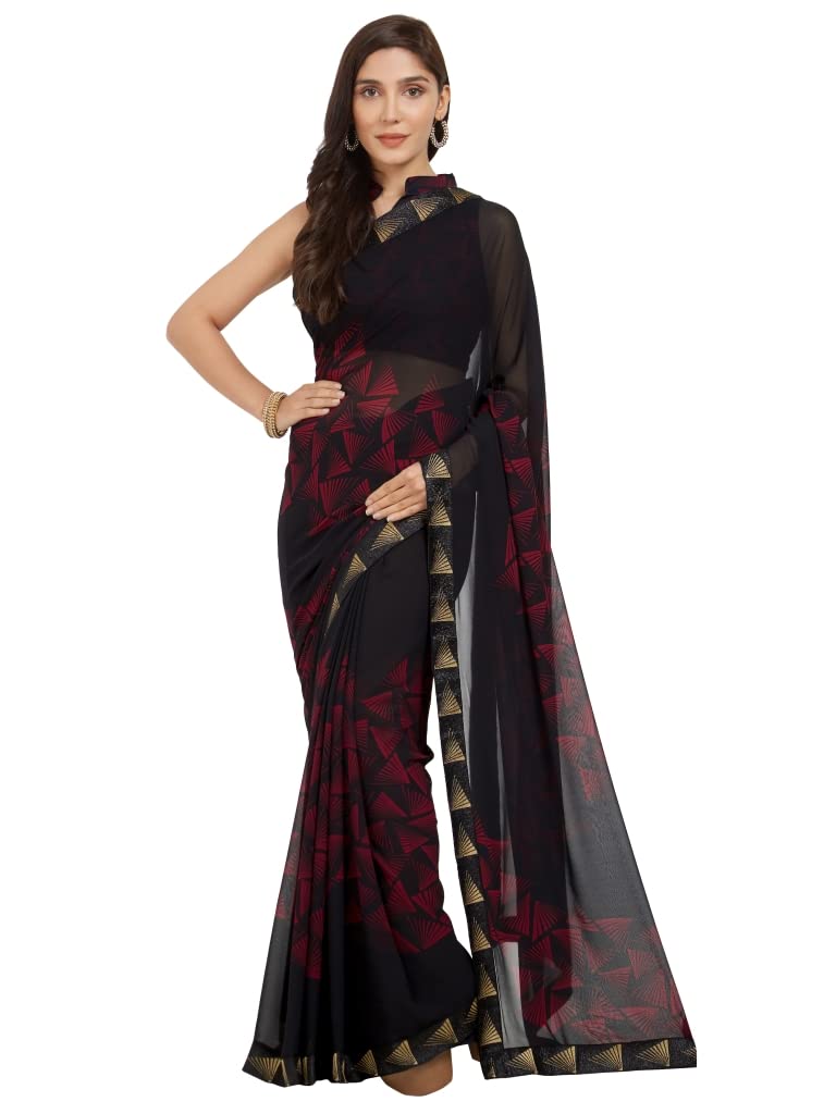 MIRCHI FASHION Women's Soft Georgette Designer Mirror Border Work Plain Saree With Blouse Piece