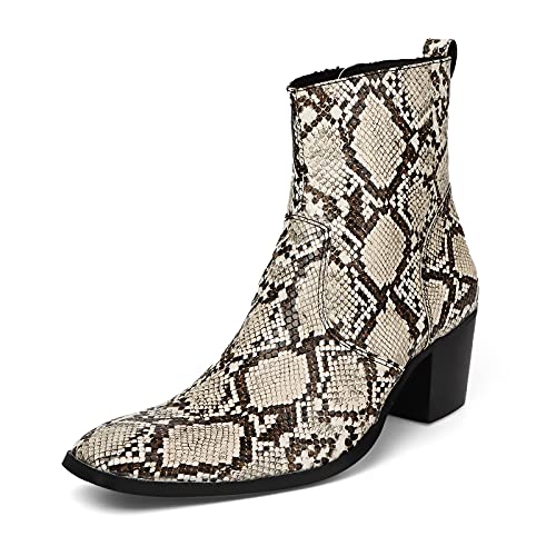 Rui Landed Ankle Boots for Men Outdoor Premium Genuine Leather Shoes Pull On Square Toe Imitation Crocodile/Snake Skin Inner Zipper High Heel