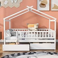 Full House Bed with 2 Storage Drawers, Kids Full Bed Frame with Rails and Roof, Tent Bed, Wooden Full Daybed, Full Montessori Bed for Kids Teens Girls & Boys, No Box Spring Needed (White)