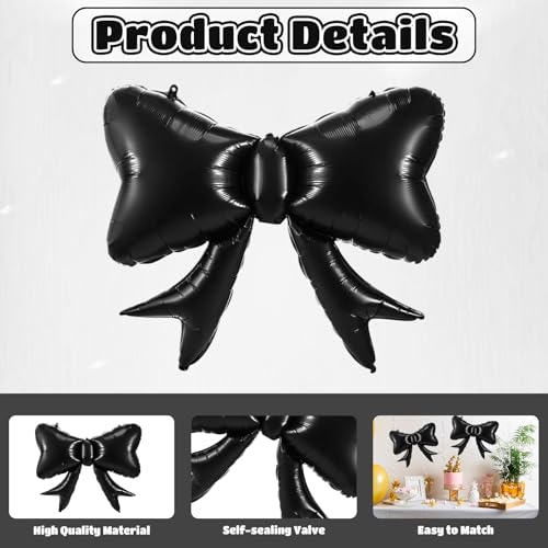Image of 5pcs Black Bow Balloon, Black Bows Balloons, Retro Giant Bow Foil Balloon For Birthday Baby Shower Girls Women Boho Party Wedding Bridal Shower Bachelorette Engagement Graduation Decorations