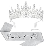 KIUEZIR 16th Silver Birthday Tiara & Sash Set - Luxury Rhinestone Crown with Side Comb & "Sweet 16" Glitter Fabric Sash, Durable Alloy Headpiece for Birthday Celebrations & Themed Parties - Image 1