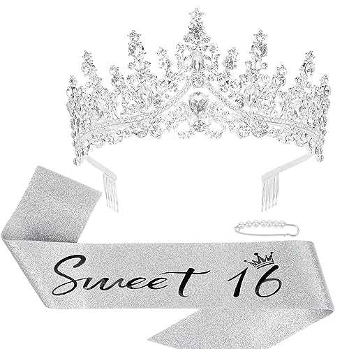 KIUEZIR 16th Silver Birthday Tiara & Sash Set - Luxury Rhinestone Crown with Side Comb & "Sweet 16" Glitter Fabric Sash, Durable Alloy Headpiece for Birthday Celebrations & Themed Parties
