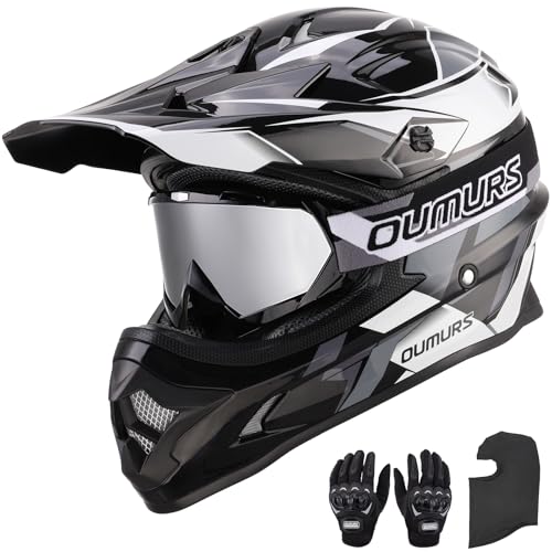 OUMURS DOT Adult ATV Dirt Bike Helmet with Goggles Gloves & Mask Adjustable Sun Visor Motorcycle Adults Helmet Off-Road Motocross Downhill Moped MX for Unisex-Adult-Victory Gray, XL