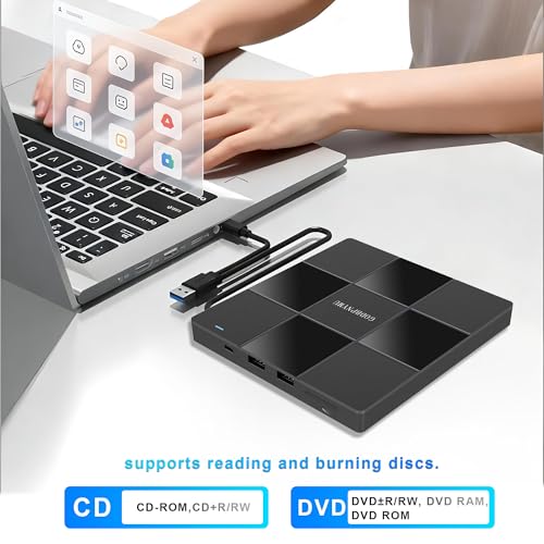 Image of 5-in-1 External CD Drive, DVD Player for Laptops& CD Burner,DVD + /-RW 2 USB Ports, TF /SD Card Reader, Compatible with Windows 11 /10 /8 /7 /XP, Linux, and Mac OS - Includes Case + 4 Sleeves