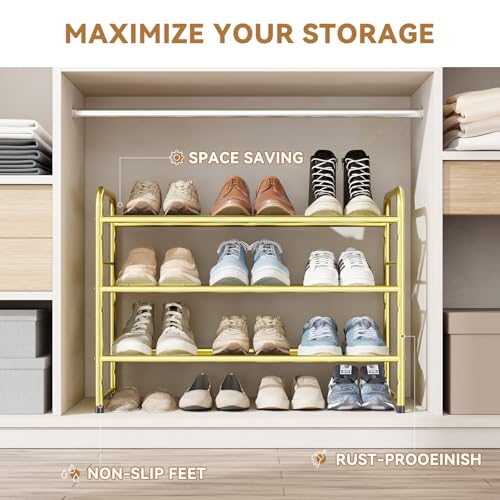 Image of Modern Shoe Rack, 3 Tier Heavy Duty Metal Mesh Shoe Shelf 27 Inch Wide, Gold
