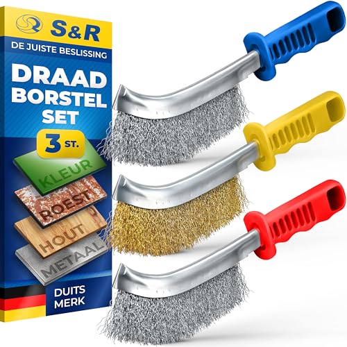 S&R Handdraadborstelset – 3 Robuuste Borstels | Roestvrij Staal, Messing & Staal | Ontroesten, Lasnaad Reinigen & Oppervlaktebehandeling | Industriële Kwaliteit