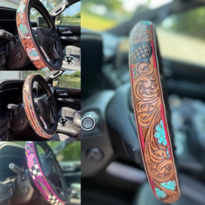 Retro Western Cowboy Car Universal Steering Wheel Cover, Repairig Universal Steering Wheel Cover, Universal 15 Inch,Anti-Slip Steering Wheel Covers, Breathable for Suvs,Trucks (Style A)