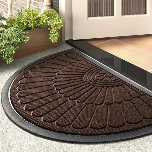Image of Semi-Circle Durable Rubber Non Slip Front Door Mat for Outside Inside Entry Entryway | Dirt Trapper Welcome Mat for Muddy Paws and Shoes, Brown, 45x75 cm