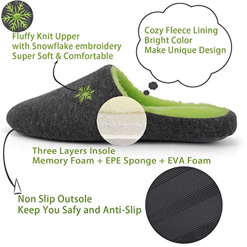 ofoot Women indoor Slippers Woolen Knit Upper with Snowflake Embroidery,Warm Cozy Fleece Lining Non Slip Sole House Shoes (Dark Grey+Green, US 10-11)3
