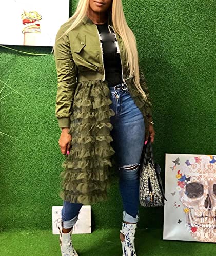 ECDAHICC Women's Mesh Patchwork Bomber Jacket Casual Long Sleeve Zipper Open Front Lace Ruffle Hem Coat Dress(AG,3XL)3