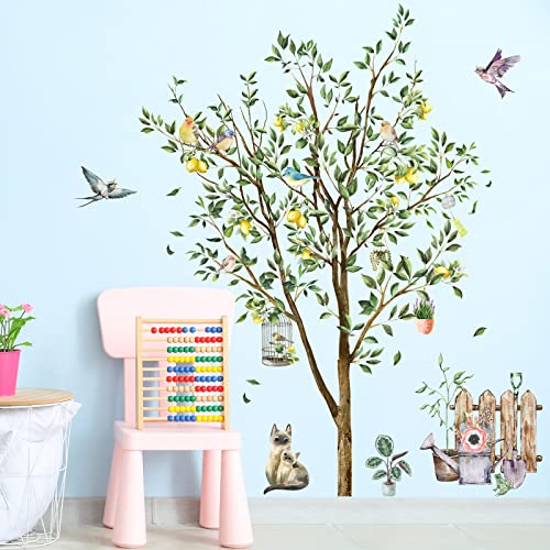 Drwssr Fresh Lemon Tree Wall Decals Bird Cat Wall Stickers Big Green Tree Wall Art Mural Diy Peel And Stick Removable Wallpaper For Living Room Bedroom Rental House Home Decoration #TOP3