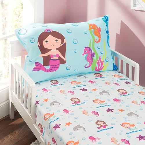 Everyday Kids Toddler Fitted Sheet and Pillowcase Set -Undersea Mermaids Adventure- Soft Breathable Microfiber Toddler Sheet Set