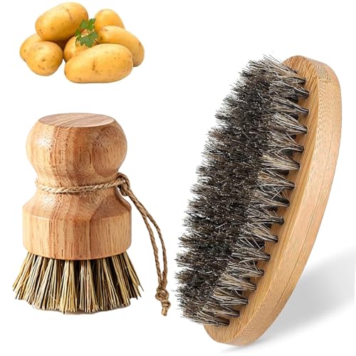 2 Stück Gemüsebürste Naturborsten Kartoffelbürste und Pilzbürste Set Gemüsebürste Holz für Küche und Haushalt Karotten und Obst