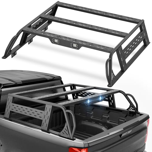 YZONA 13.8" High Overland Bed Racks Truck Cargo Carrier Compatible with 2019-2026 Silverado 1500 & GMC Sierra 1500 with 2 LED Lights and Bed Rails, Full-Size Truck Rear Ladder Rack Back Cross Bars