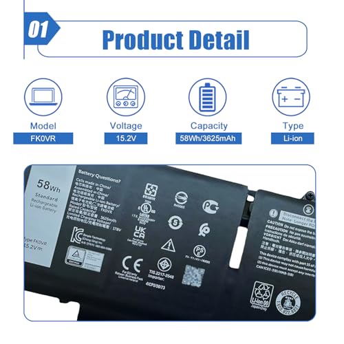 Image of 58Wh FK0VR Battery Compatible with Dell Latitude 5330 7330 7430 7530 Legion 5330 2-in-1 /7330 2-in-1 /7430 2-in-1 P133G P134G P135G P136G FKOVR 8H6WD 01VX5 404T8 51R71 8P81K 15.2V 3625mAh