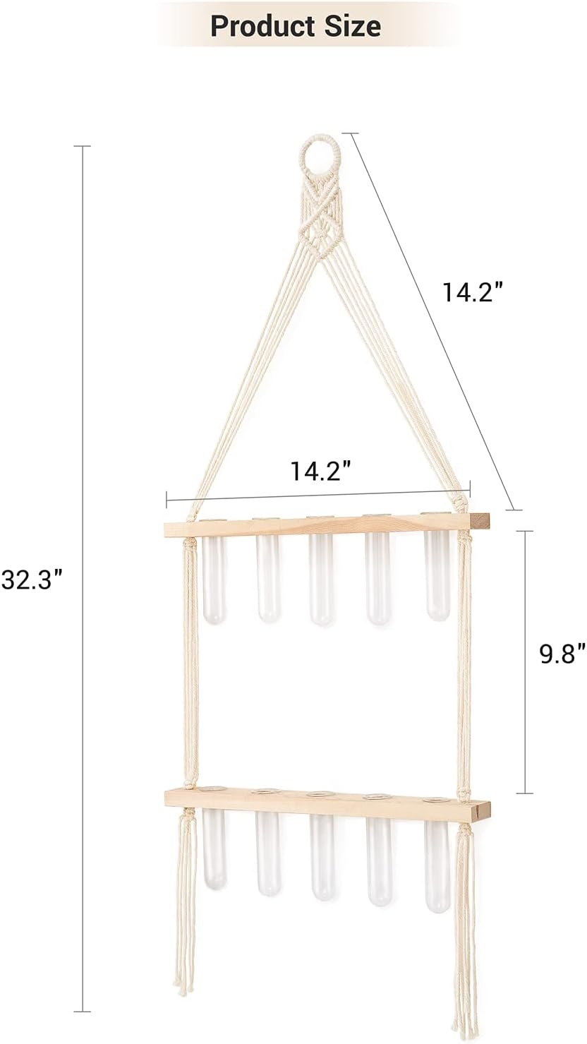 Mkono Wall Hanging Glass Planter with Macrame Hanger, Boho 2 Tier Propagation Tube Vase Plant Terrarium with Wooden Stand for Propagating Hydroponic Plants, Home Office Room Decor Women Gift Idea