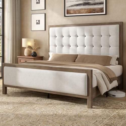 Jocisland Queen Solid Wood Bed Frame 50" Tall Headboard&Footboard, Ash Grey | Linen Upholstered Headboard，Mid-Century Modern Style，Noise-Free Sleep，No Box Spring Needed，Easy Assembly 45mins