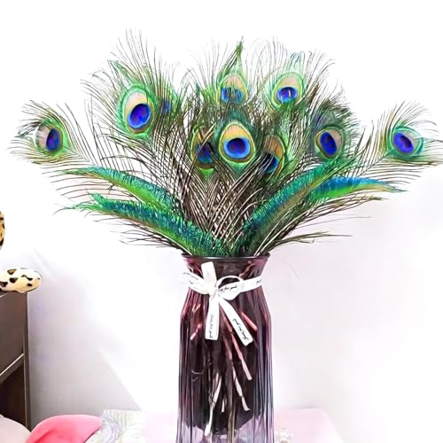 Piokio 30 pcs Peacock Feathers in Bulk 16-18inch(40-45 cm) Bulk for DIY Craft, Wedding, Halloween Decoration
