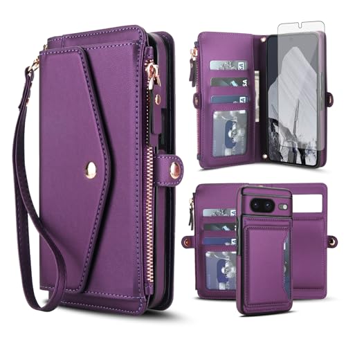 Asuwish Phone Case for Google Pixel 8 5G Wallet Cover Compatible with Magsafe RFID Screen Protector Crossbody Lanyard Strap Flip Card Holder Slot Zipper Cell Purse Pixel8 Eight Women Girls Dark Purple