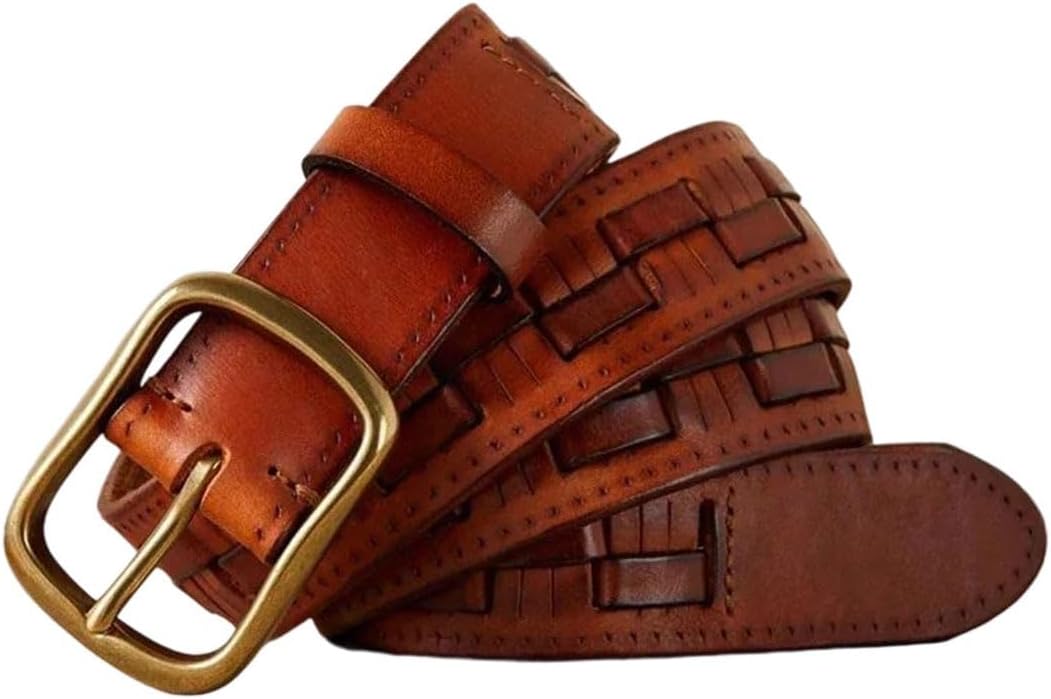 Men's Braided Leather Belt - 3.8 cm Thick Cowhide with Copper Buckle, Western Style