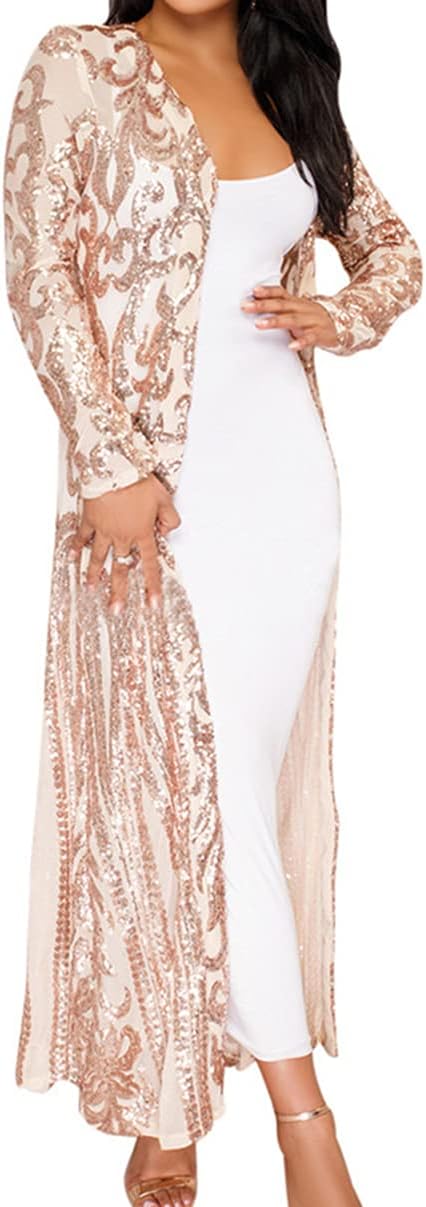 vnytop Women Totem Sequin Applique Long Sleeved Perspective Ankle Length Cardigan Cloak