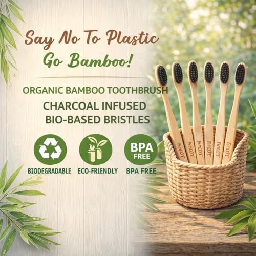 Image of EcoUT Bamboo Toothbrush Pack of 8 | Eco Friendly Wooden Toothbrush | Charcoal Infused Soft Bristles | Biodegradable Toothbrush for Adults & Kids | Plastic Free, Sustainable Oral Care