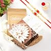 Ghasitaram Gifts Rakhi Gifts for Brothers Rakhi Sweets - Small Metal Brown Basket of Kaju Katlis and Almonds with 2 Pearl Beads Rakhis
