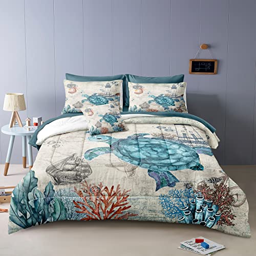 Sea Turtle Comforter Set Ocean Beach Bed In A Bag 6 Pieces Nautical Coastal Themed Bedding With 1 Comforter, 1 Flat Sheet, 1 Fitted Sheet, 2 Pillowcases, 1 Cushion Cover (Twin, Turtle) #TOP19