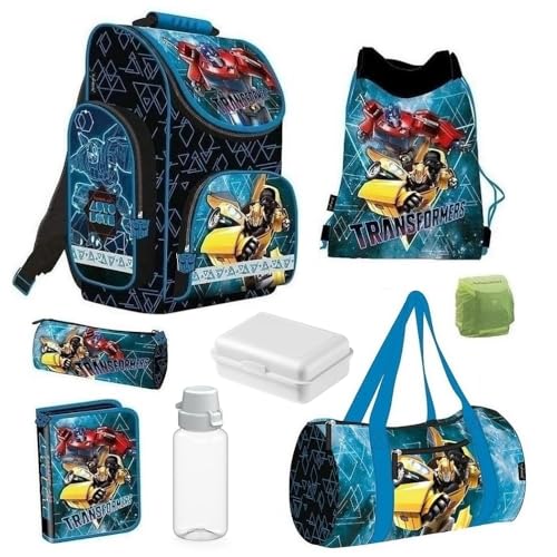 Familando - Schulranzen Set 8-teilig mit Sporttasche - Transformers - Ergonomisch, stabil & mit gepolstertem Rücken - 1000g leicht - 15L Volumen - Mit Reflektoren - Für Grundschule ab 1. Klasse