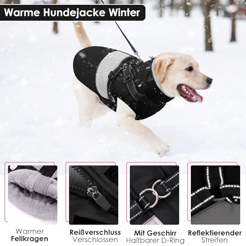 AOFITEE Hundemantel Winter Grosse Hunde, Warme Hundejacke Wintermantel mit Geschirr, Wasserdicht Hunde Winterjacke Warmer Hundemäntel Fleece Winterweste für Labrador, Windhund, Golden Retriever, 2XL