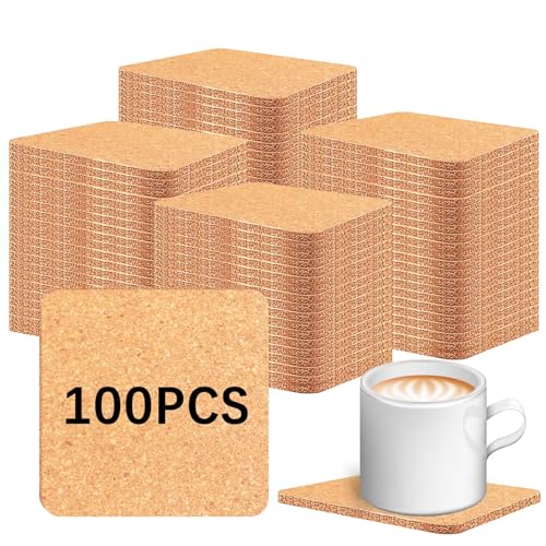 100 PCS Cork Coasters Bulk, Blank Square Cork Coasters DIY Crafts, Non-Slip Heat-Resistant Reusable Coffee Coaster, Suitable for Home Desktop Decoration