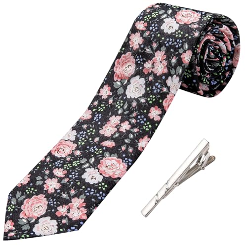Image of Barry.Wang 100% Cotton Floral Ties for Men 63 inch Extra Long Necktie Clip | Fashion Cotton Printed Neckties,Wildflower 2.76 inch Ties Skinny,Gift Box,Groomsmen Wedding Engagement Graduation