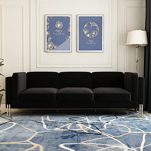 Hommoo 94" W 3 Seat Couch Mid Century Velvet Sofa With Metal Gold Legs Chesterfield With Removable Cushion Comfortable Sofa Couch For Small Apartment Living Room Bedroom Black #TOP4