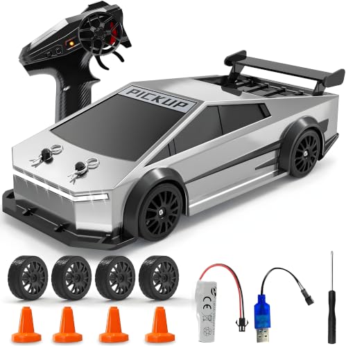 Image of Cable World Tasla 4WD Rechargable RC Drift Car for Kids | 2.4GHz High Speed Dual Motor Remote Control Car with Extra Drift & Racing Tires | PVC Unbreakable Body | LED Lights | 80+ Feet Range- Grey
