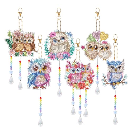 JGIIIJLP Quadro a vento con strass, 6 pezzi, motivo: gufo, con ciondolo in cristallo, strass su entrambi i lati, per adulti e bambini, fai da te, regalo, giardino, finestra, casa, ufficio