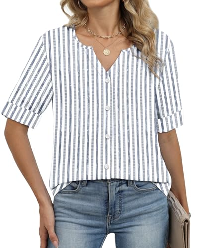 Image of OFEEFAN Button Down Shirts for Women 3 /4 Length Sleeve Tops V Neck Blouses Business Casual Outfits Loose Fit