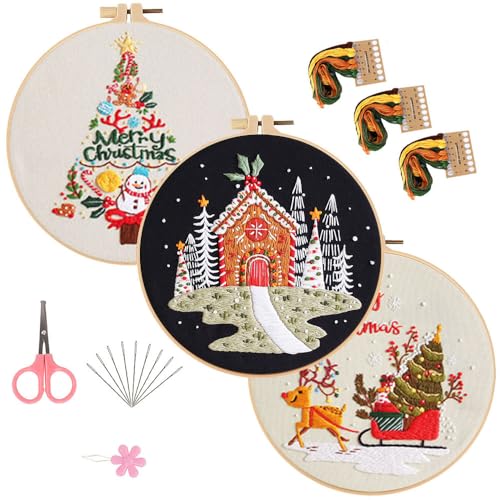 Image of LB Christmas Embroidery Kit for Beginners Adults, 3 Sets Hand Embroidery Starter Kit with Snowman Pattern and Instructions Stamped Cross Stitch Kits Include Embroidery Hoop Needles Threads Scissors