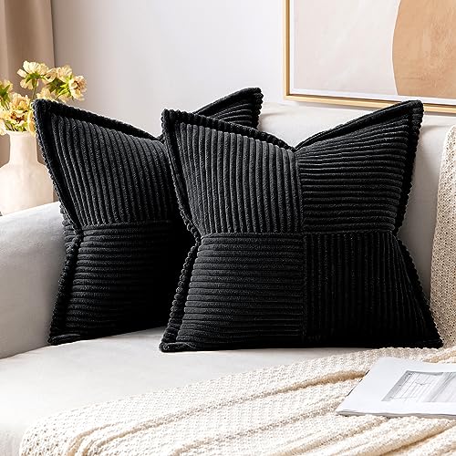 Image of MIULEE Black Corduroy Decorative Euro Sham Pillow Covers 24x24 Inch with Splicing Set of 2 Soft Boho Pillow Covers Broadside Textured Pillowcases for Halloween Couch Bed Livingroom