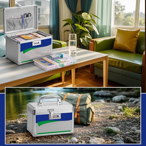 Image of Medicine Storage Box with Code, Empty First Aid Box with Size 10 * 6 * 6.7 inch, Safe Medication Storage Organizer for Home, Outdoor, Dorm- Silver