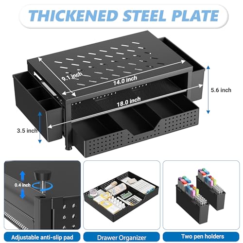 Image of OPNICE Laptop Stand Desk Organizer, 2-Tier Metal Monitor Stand Riser with Drawer & 2 Pen Holders, Ventilated Perforated Steel Top, Office Desk Accessories for Home Office, Black