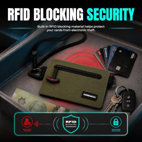 Image of Drench RFID Waterproof Floating Wallet IPX8 Dry Bag for Cards & Cash, Green | IPX8 waterproof RFID wallet for cards, cash & keys with floating design, adjustable lanyard, belt loop & carabiner