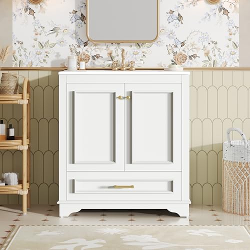Merax 30 Inch Luxurious Bathroom Vanity with Ceramic Sink, Modern Storage Cabinet with 2 Large Soft Closing Doors, Solid Wood Frame, White by Merax - Image 4