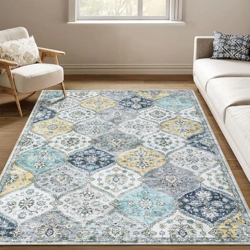 Image of LuxFocus Washable Vintage Rug 120x170 cm, Floral Living Room Rug with Oriental Design, Non-Slip Low Pile Carpet for Bedroom & Dining Room, Blue Yellow