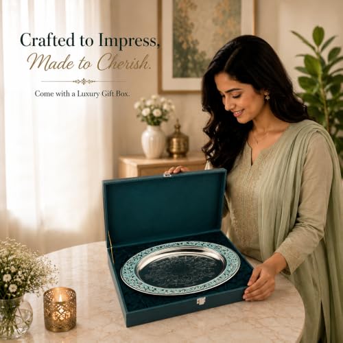 Image of Diviniti Luxury Oval Decorative Tray | Premium Silver Finish Metal Oval Platter with Turquoise Embossed Border | Luxury Home Decor Display Tray for Coffee Table, Dining Table, Console & Gifting (Blue)